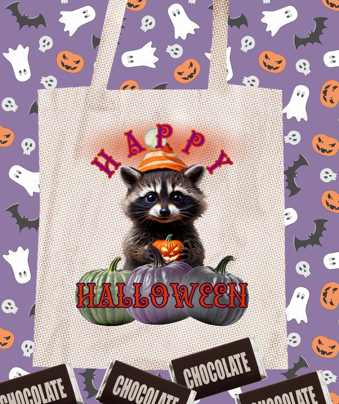 Happy Halloween Raccoon Pumpkin Candy Bandit Tote Bag, Trick or Treat Canvas Bag, Kids Candy Holder, Halloween Gift