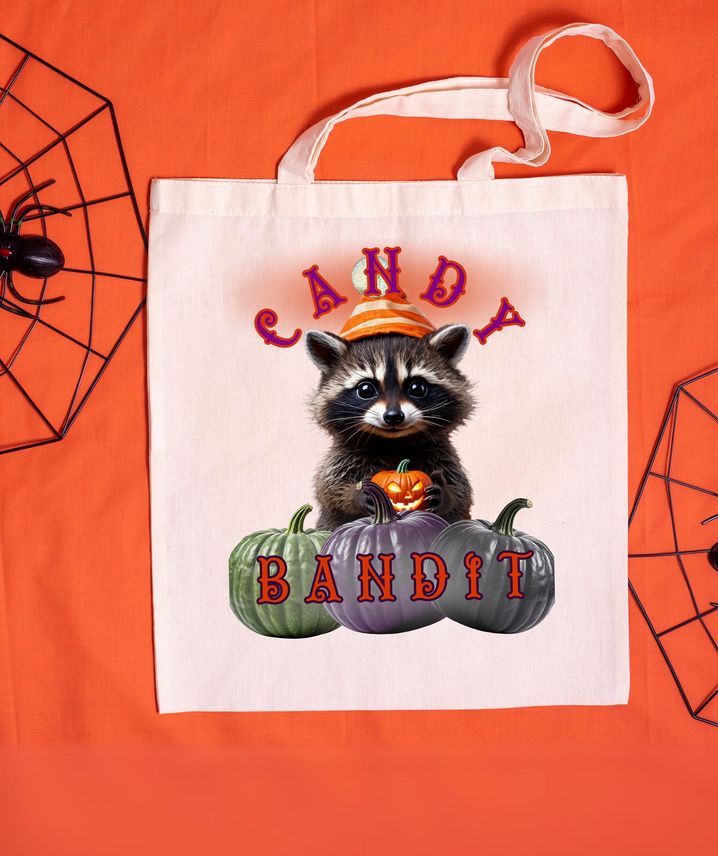 Happy Halloween Raccoon Pumpkin Candy Bandit Tote Bag, Trick or Treat Canvas Bag, Kids Candy Holder, Halloween Gift