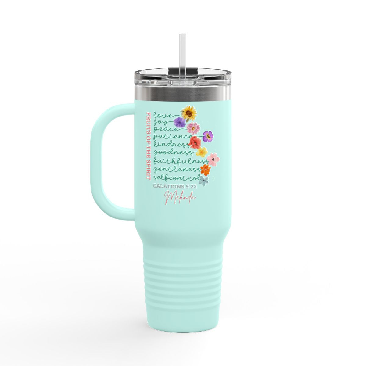 Fruit of the Spirit Travel Mug -Christian Tumbler Gift-Custom Name- Bible Verse Galatians 5:22 - Personalized Faith Cup-Stay Sweet virtues