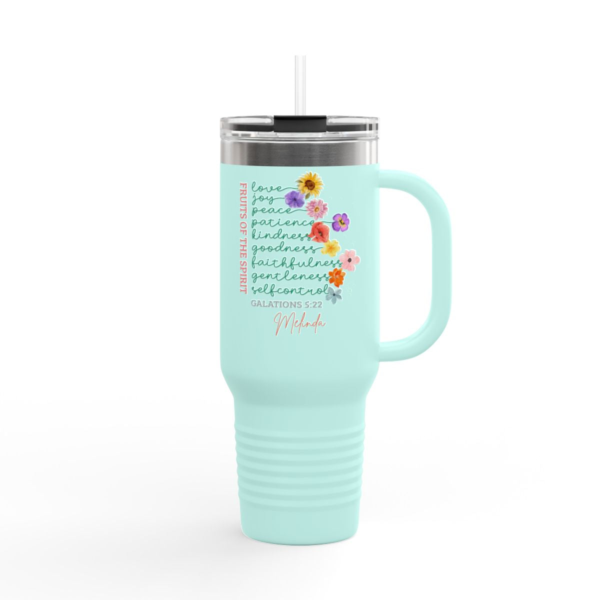 Fruit of the Spirit Travel Mug -Christian Tumbler Gift-Custom Name- Bible Verse Galatians 5:22 - Personalized Faith Cup-Stay Sweet virtues