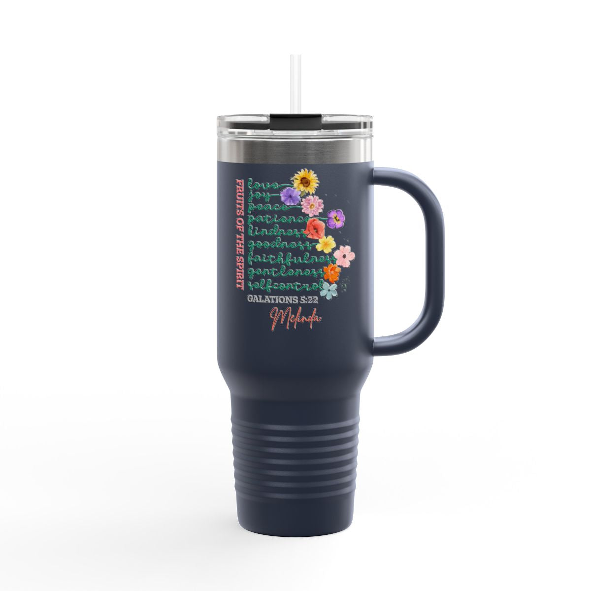 Fruit of the Spirit Travel Mug -Christian Tumbler Gift-Custom Name- Bible Verse Galatians 5:22 - Personalized Faith Cup-Stay Sweet virtues