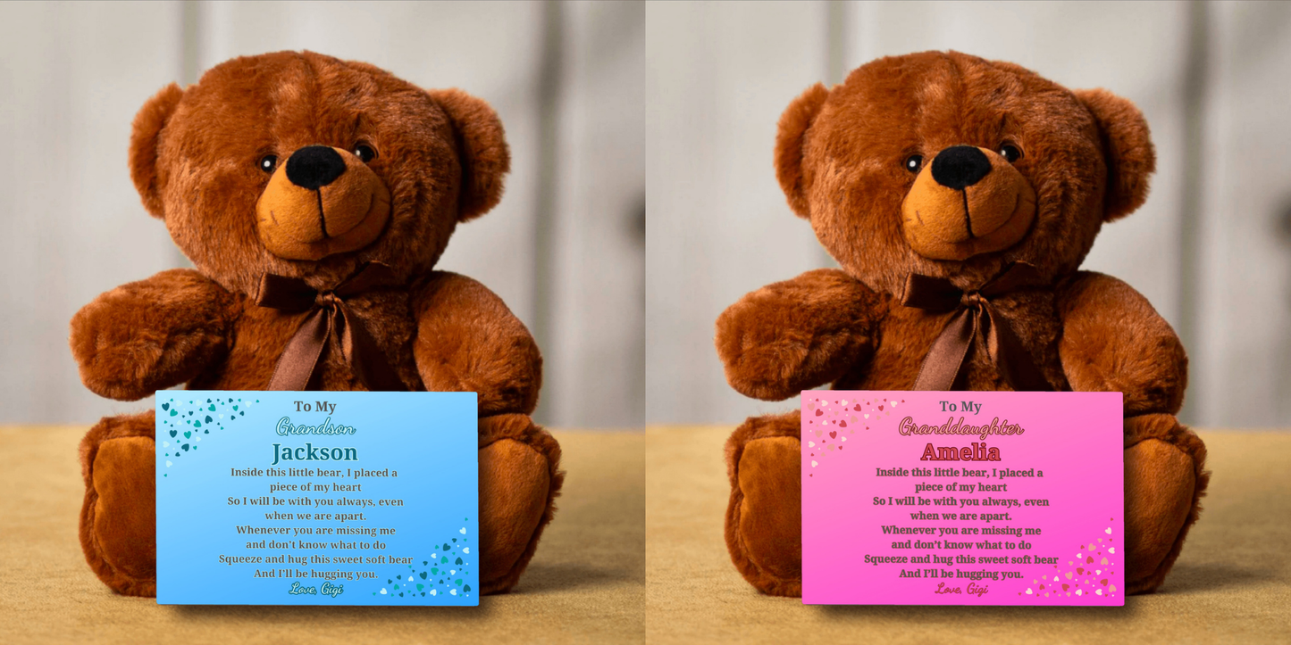 Personalized teddy bear for your grandchild -Custom canvas card with their name and yours!