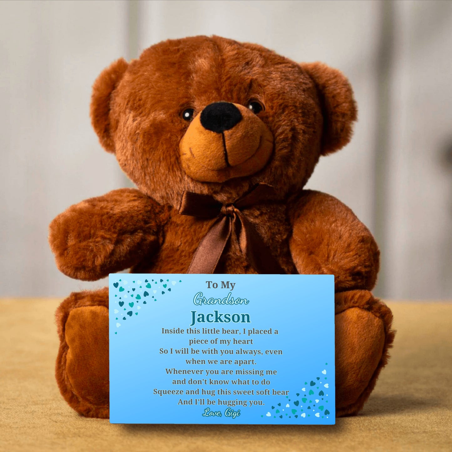 Personalized teddy bear for your grandchild -Custom canvas card with their name and yours!