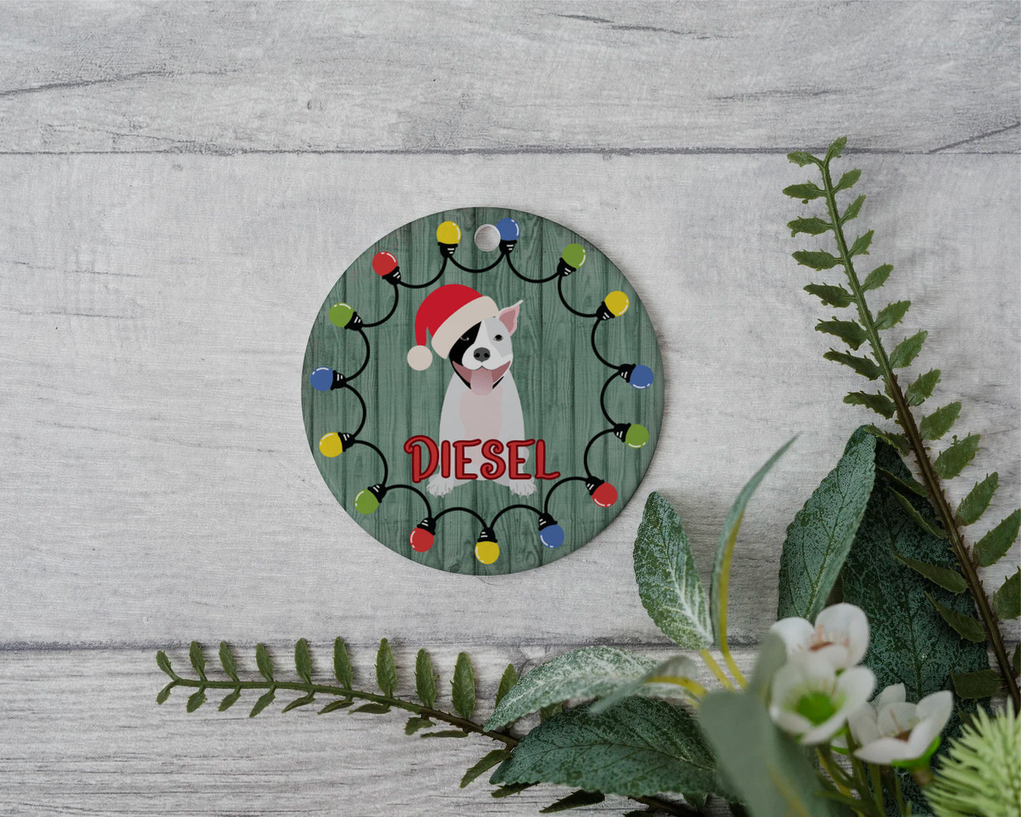 Personalized Pit Bull in Santa hat ceramic ornament-white with black eye patch