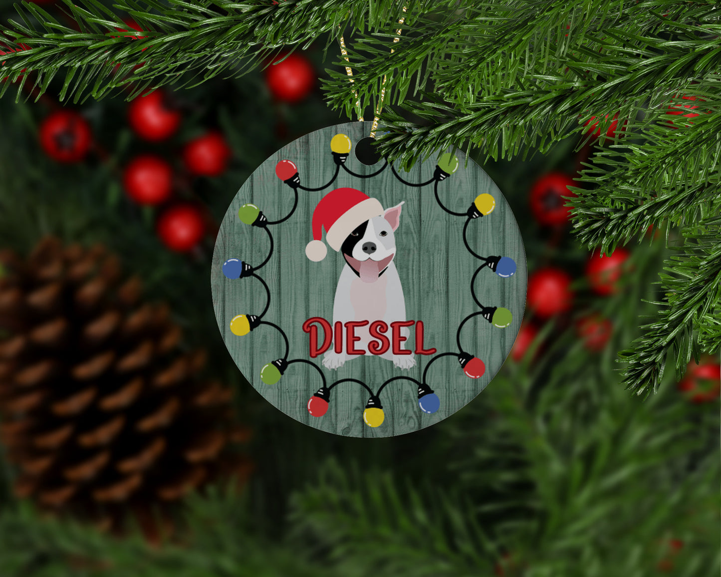Personalized Pit Bull in Santa hat ceramic ornament-white with black eye patch