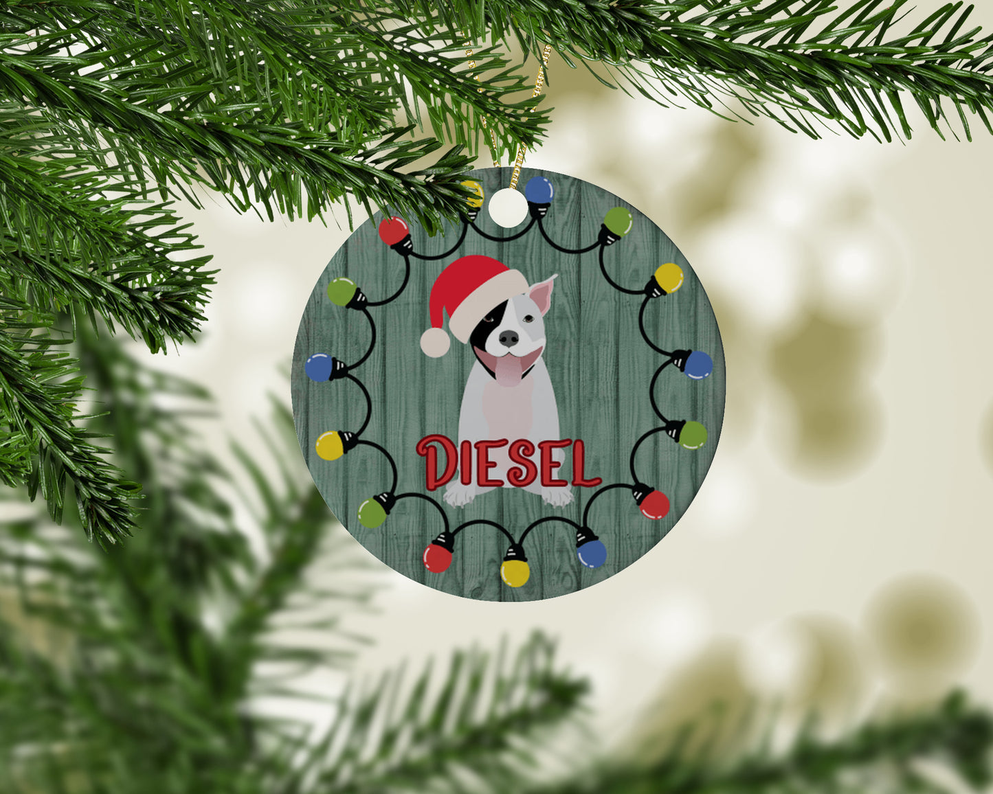 Personalized Pit Bull in Santa hat ceramic ornament-white with black eye patch