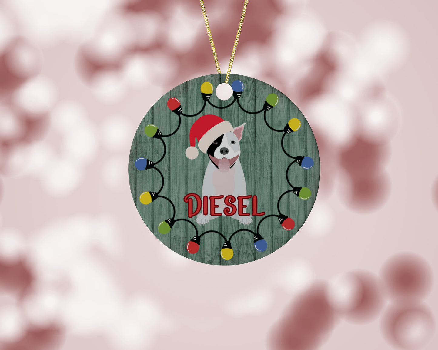 Personalized Pit Bull in Santa hat ceramic ornament-white with black eye patch