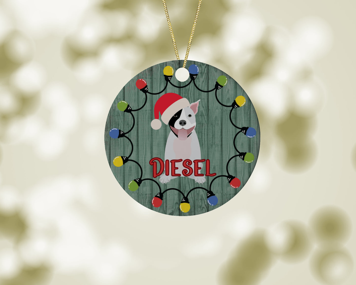 Personalized Pit Bull in Santa hat ceramic ornament-white with black eye patch