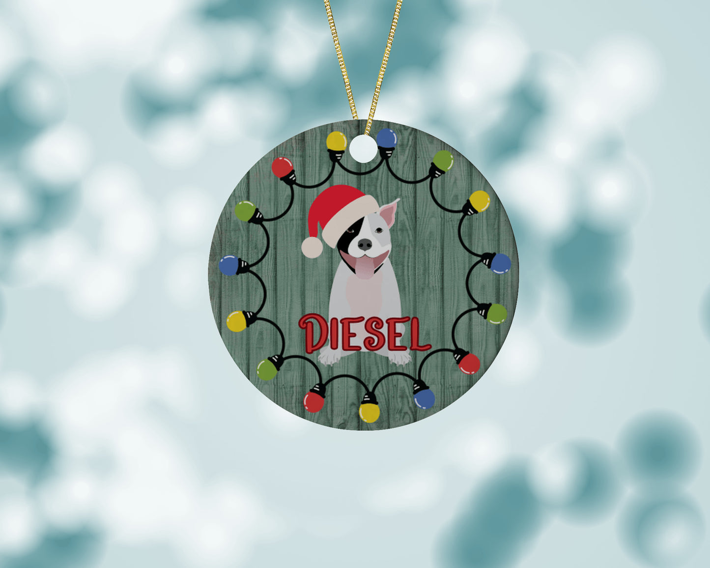 Personalized Pit Bull in Santa hat ceramic ornament-white with black eye patch