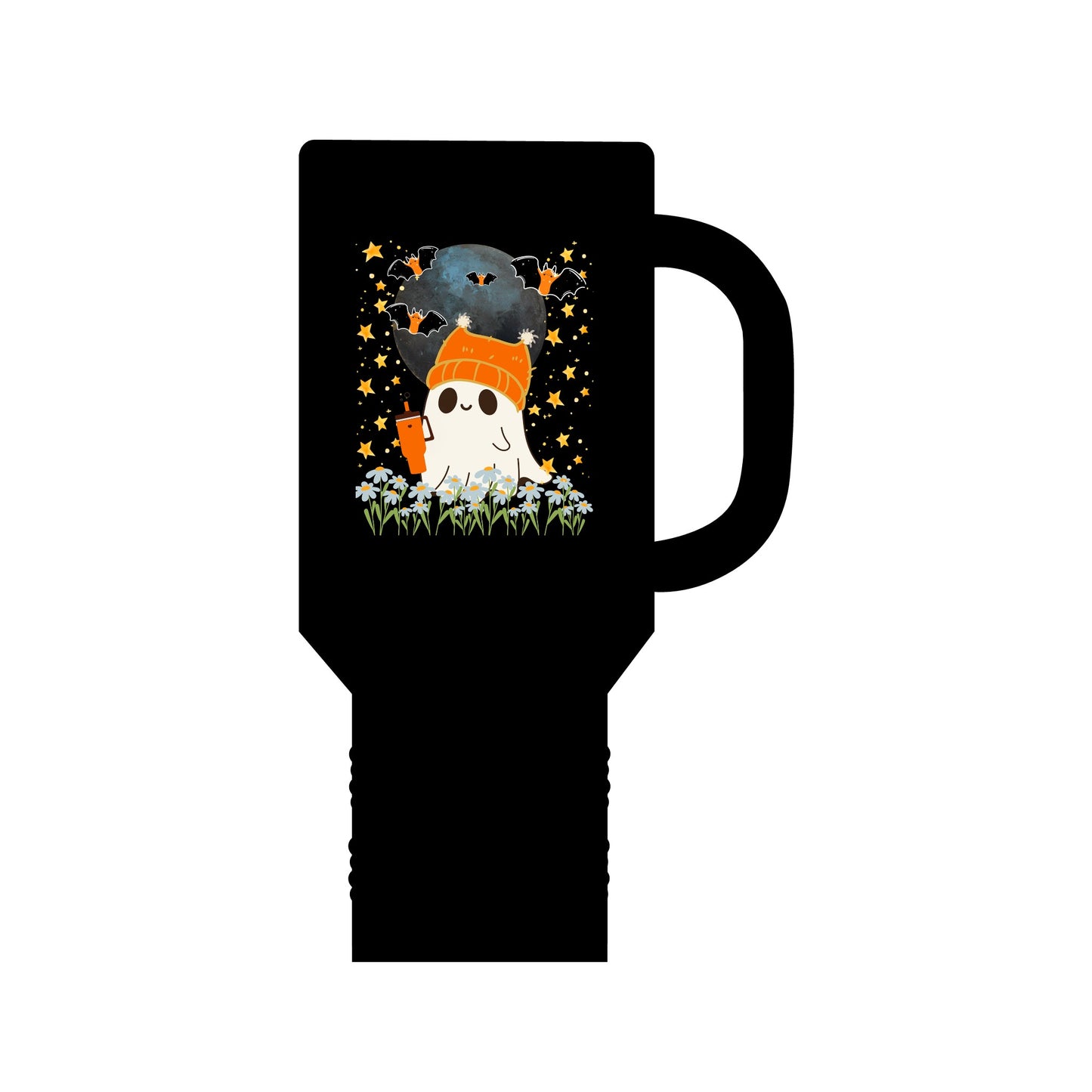 Halloween Ghost 40 oz. Tumbler with handle.  Cute Halloween gift. Ghost drinking coffee from their own tumbler. Funny spooky cup.