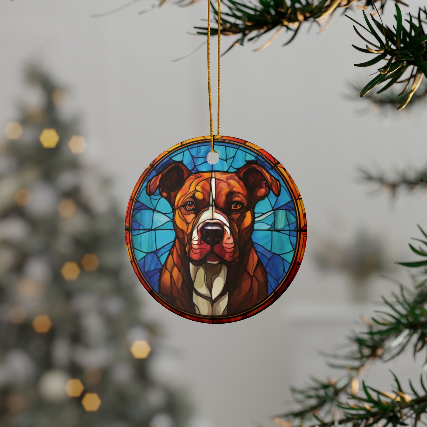 Pit bull Ornament. Stained glass design, Fall colors. Christmas tree hanger. Dog owner gift