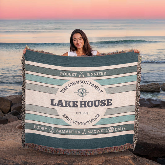 Personalized Lake House Blanket lake house decor • Family Name + up to 6 kids/grandkids Names • City or Lake Name & state • Cozy Cabin Throw