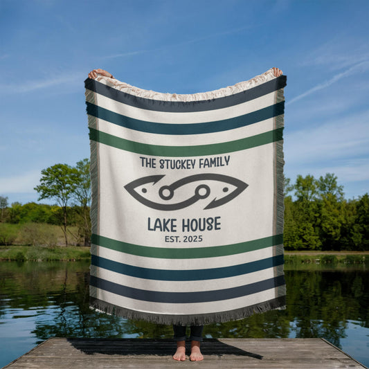 Personalized Lake House Decor, Custom Family Name Blanket, lake house sign tapestry, fishing, sailing woven throw, Housewarming Keepsake