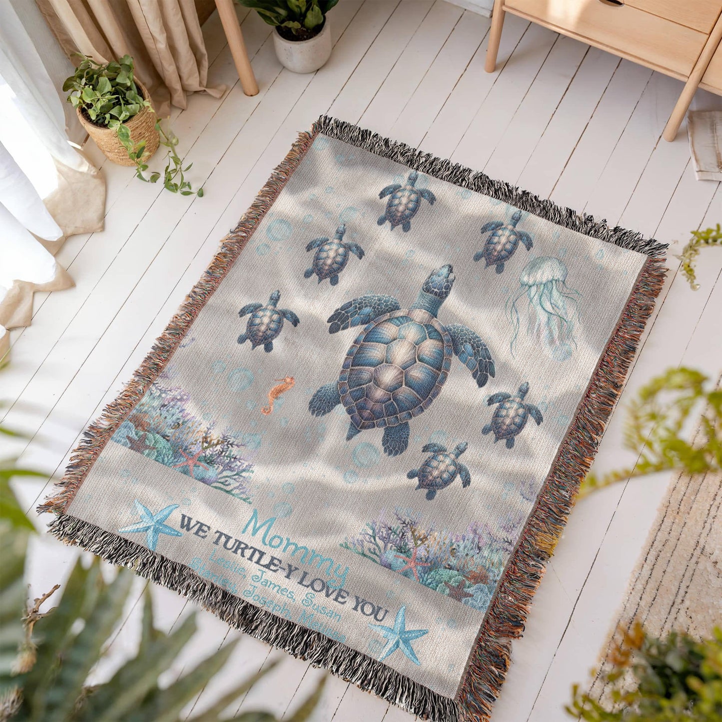 Personalized Sea Turtle Family Blanket – Up to 6 Names – We Turtle-y Love You – Cozy Ocean Blanket Gift for Her, Custom Mom or Grandma gift