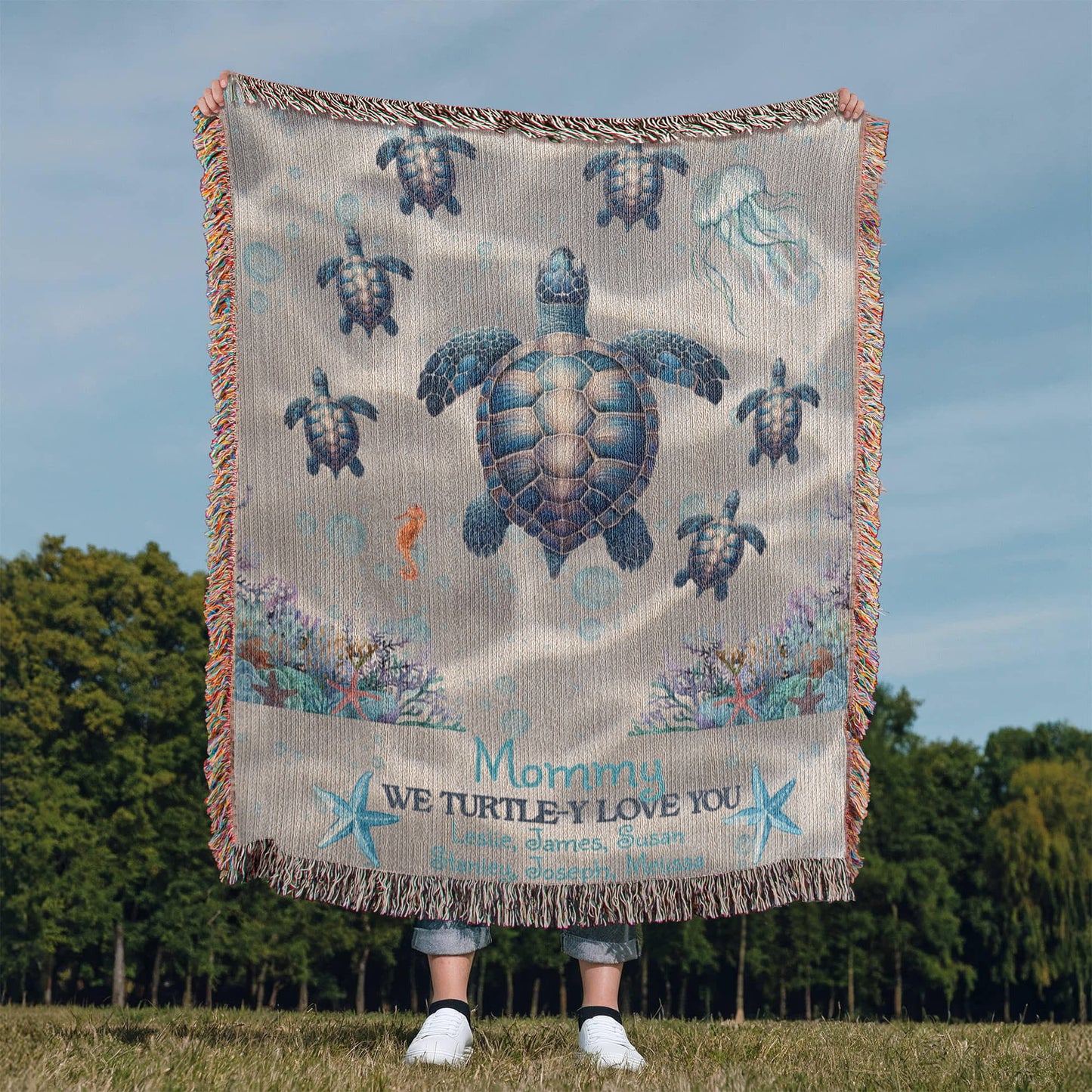 Personalized Sea Turtle Family Blanket – Up to 6 Names – We Turtle-y Love You – Cozy Ocean Blanket Gift for Her, Custom Mom or Grandma gift