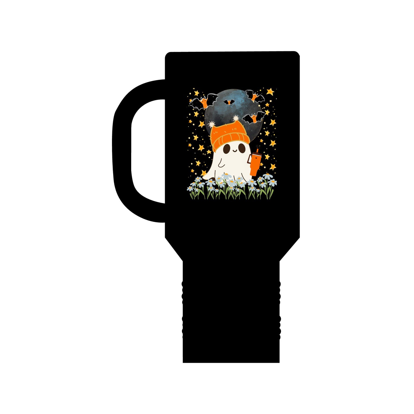 Halloween Ghost 40 oz. Tumbler with handle.  Cute Halloween gift. Ghost drinking coffee from their own tumbler. Funny spooky cup.