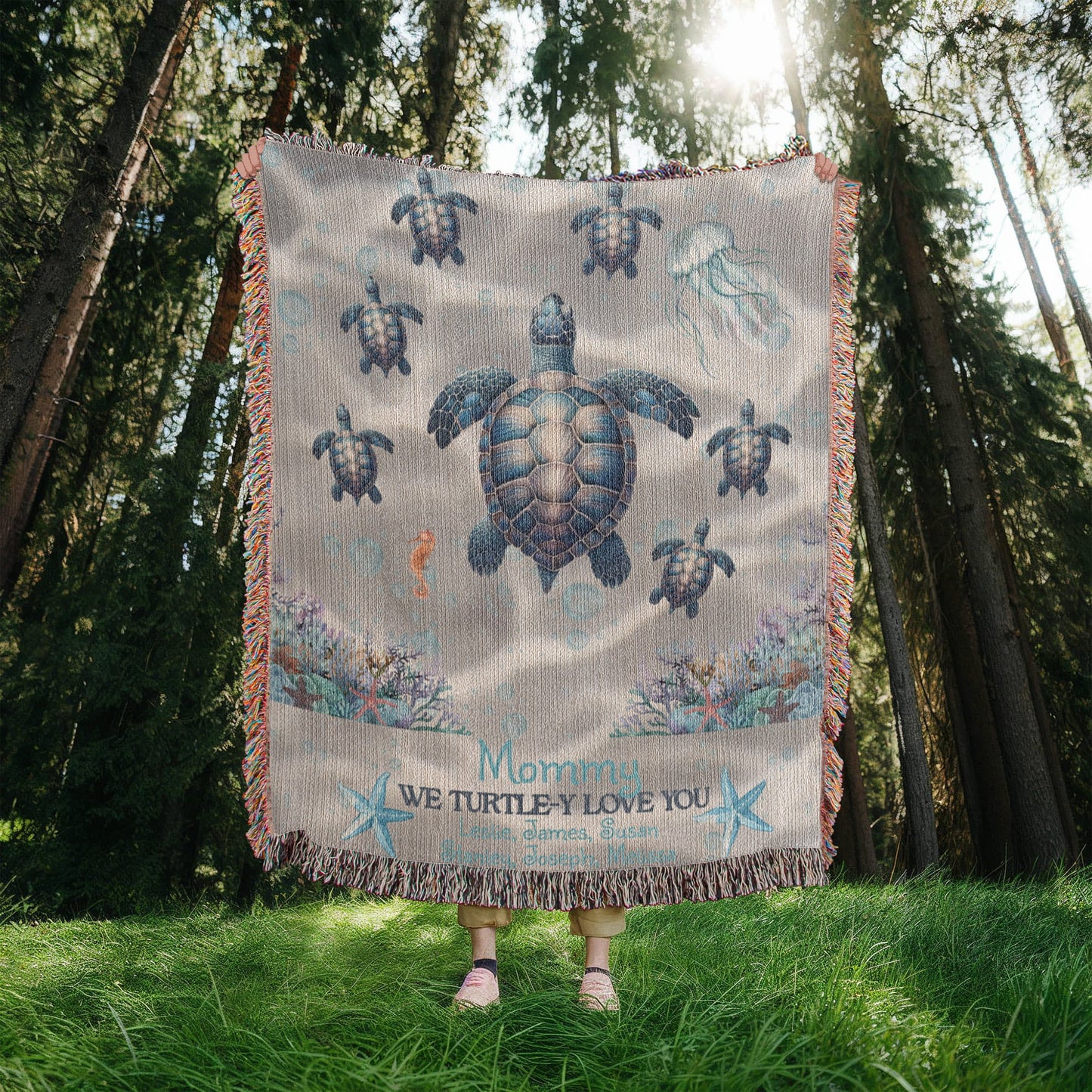 Personalized Sea Turtle Family Blanket – Up to 6 Names – We Turtle-y Love You – Cozy Ocean Blanket Gift for Her, Custom Mom or Grandma gift