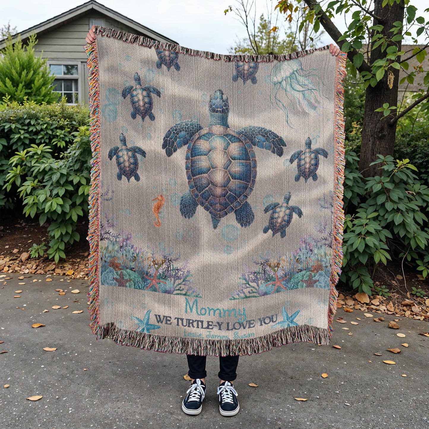 Personalized Sea Turtle Family Blanket – Up to 6 Names – We Turtle-y Love You – Cozy Ocean Blanket Gift for Her, Custom Mom or Grandma gift