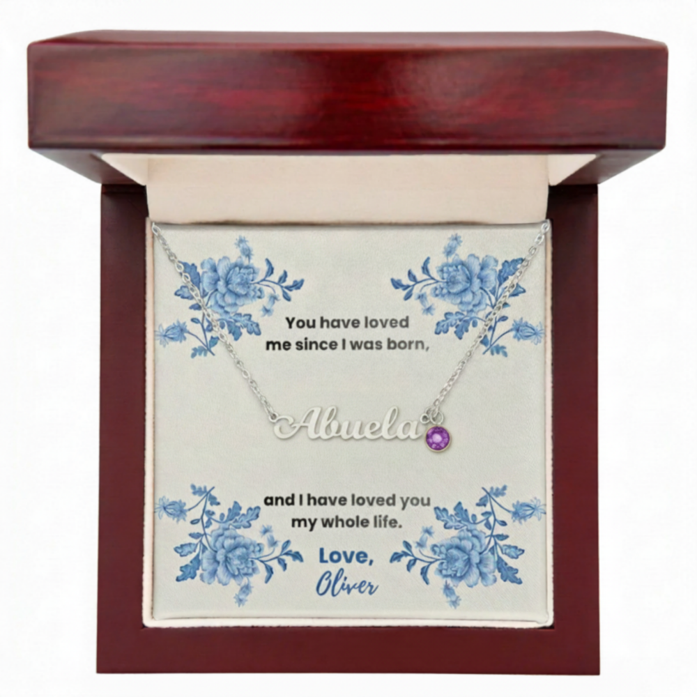 Custom Grandma Name necklace with birthstone, personalized gift from grandkids.
