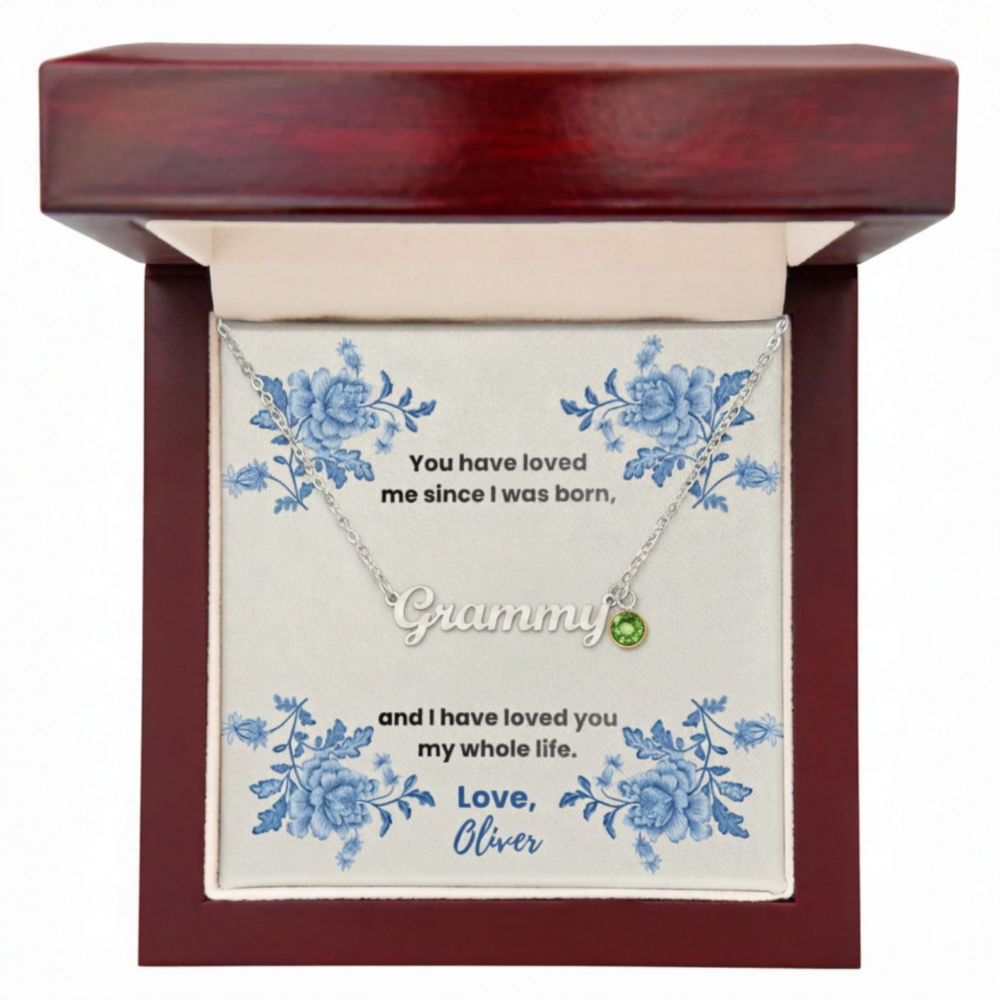 Custom Grandma Name necklace with birthstone, personalized gift from grandkids.