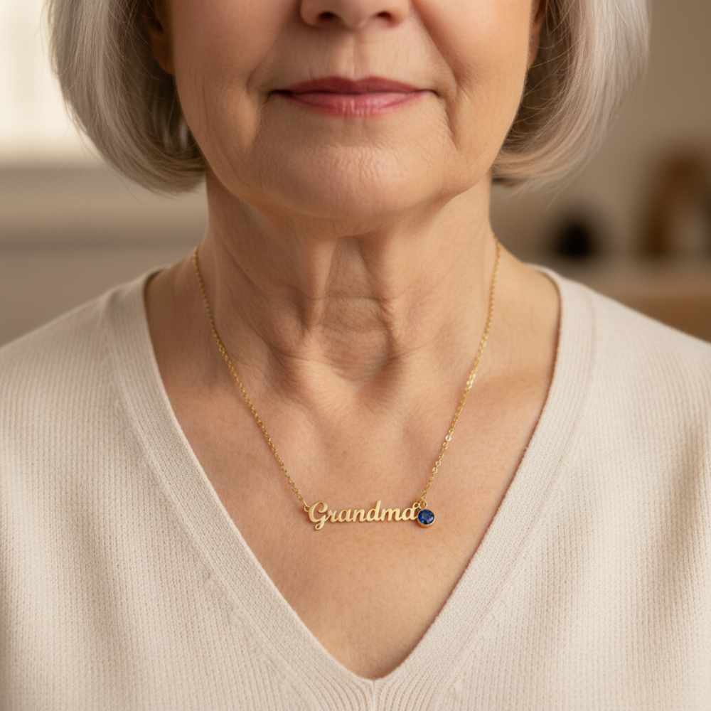 Custom Grandma Name necklace with birthstone, personalized gift from grandkids.