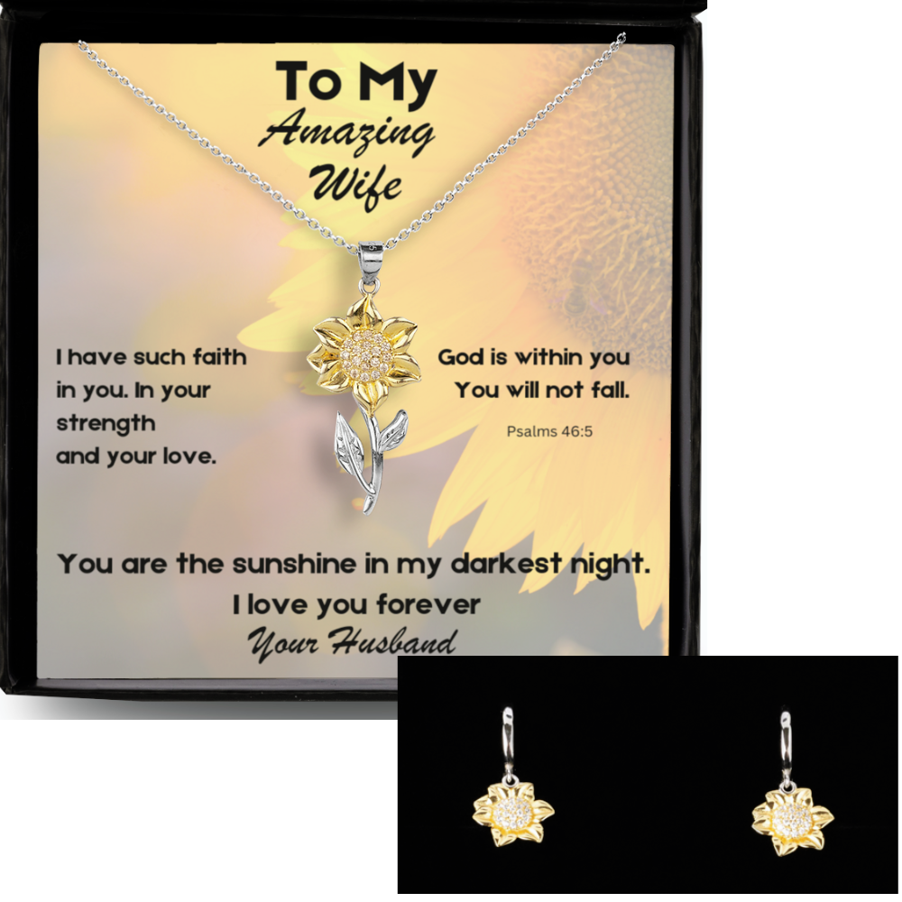 Sunflower jewelry set: necklace and earrings, for your Psalms 46:5 wife