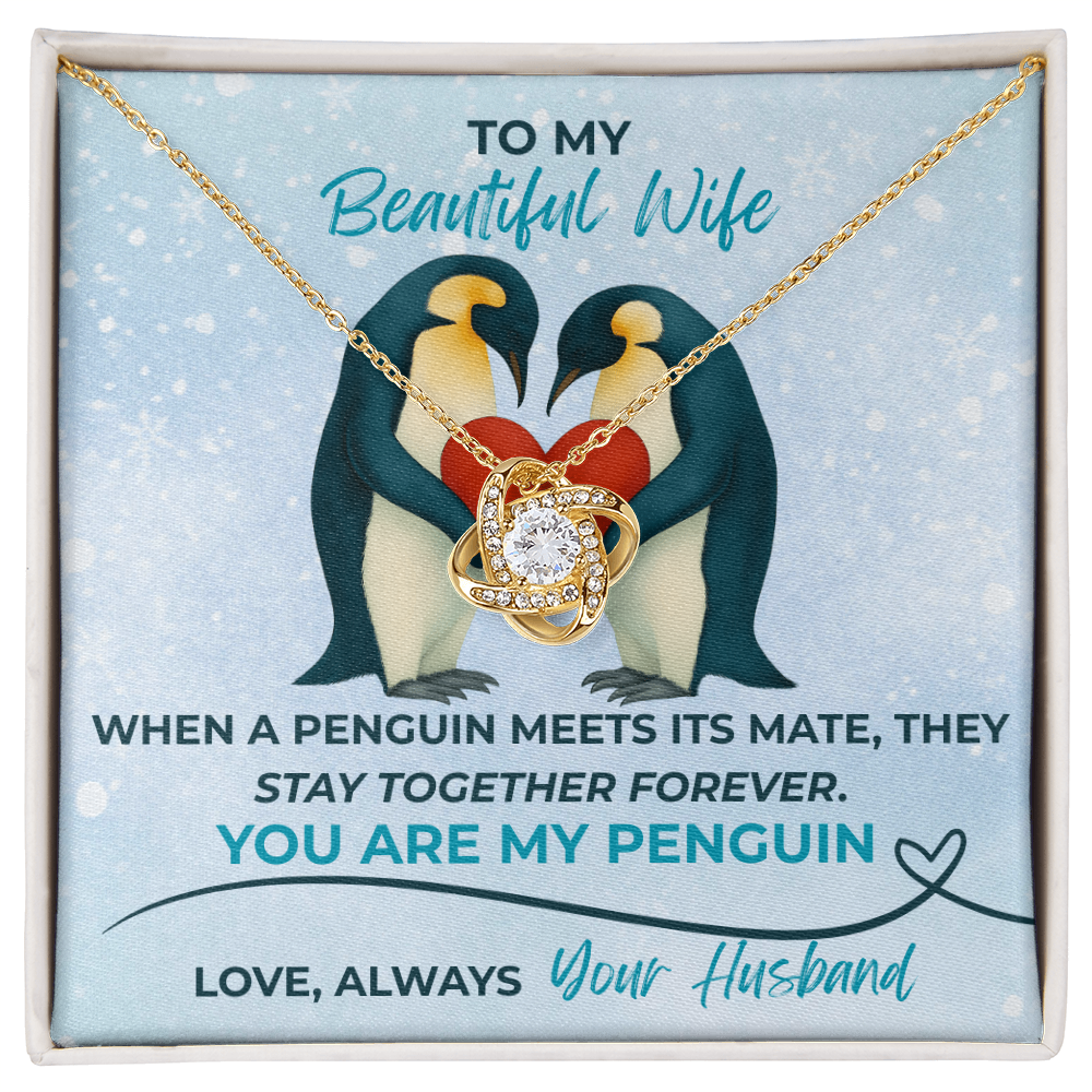 Love Knot Necklace for Wife – “You Are My Penguin” Romantic Jewelry Gift from Husband – Available in Yellow or White Gold finish – Upgraded mahogany box available