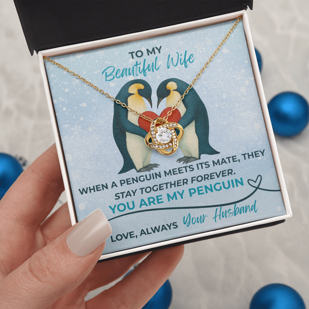 Love Knot Necklace for Wife – “You Are My Penguin” Romantic Jewelry Gift from Husband – Available in Yellow or White Gold finish – Upgraded mahogany box available