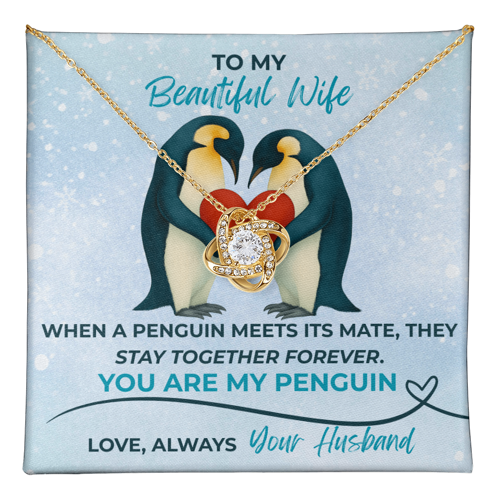 Love Knot Necklace for Wife – “You Are My Penguin” Romantic Jewelry Gift from Husband – Available in Yellow or White Gold finish – Upgraded mahogany box available