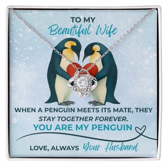 Love Knot Necklace for Wife – “You Are My Penguin” Romantic Jewelry Gift from Husband – Available in Yellow or White Gold finish – Upgraded mahogany box available