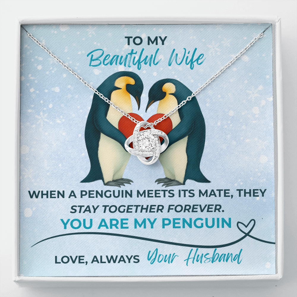 Love Knot Necklace for Wife – “You Are My Penguin” Romantic Jewelry Gift from Husband – Available in Yellow or White Gold finish – Upgraded mahogany box available