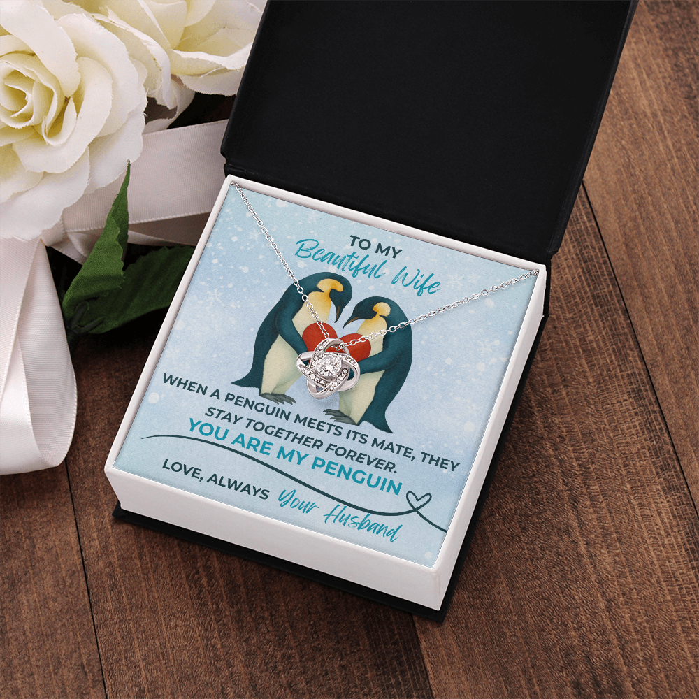 Love Knot Necklace for Wife – “You Are My Penguin” Romantic Jewelry Gift from Husband – Available in Yellow or White Gold finish – Upgraded mahogany box available