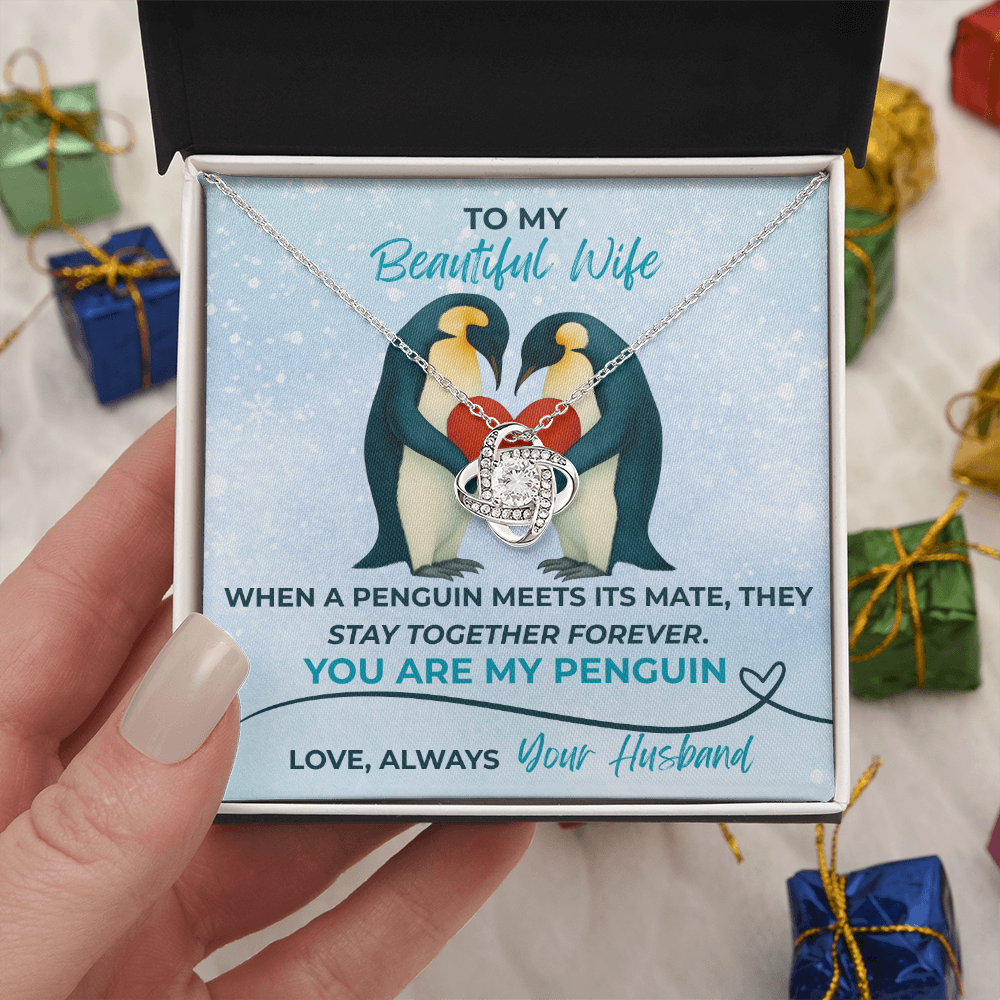 Love Knot Necklace for Wife – “You Are My Penguin” Romantic Jewelry Gift from Husband – Available in Yellow or White Gold finish – Upgraded mahogany box available