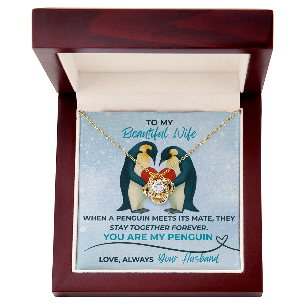 Love Knot Necklace for Wife – “You Are My Penguin” Romantic Jewelry Gift from Husband – Available in Yellow or White Gold finish – Upgraded mahogany box available