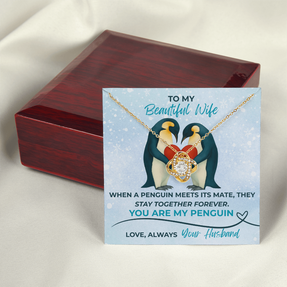 Love Knot Necklace for Wife – “You Are My Penguin” Romantic Jewelry Gift from Husband – Available in Yellow or White Gold finish – Upgraded mahogany box available