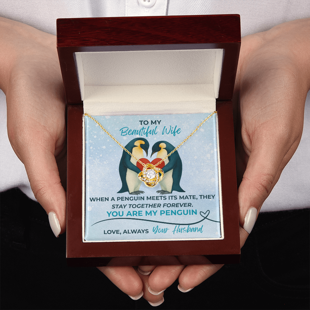 Love Knot Necklace for Wife – “You Are My Penguin” Romantic Jewelry Gift from Husband – Available in Yellow or White Gold finish – Upgraded mahogany box available