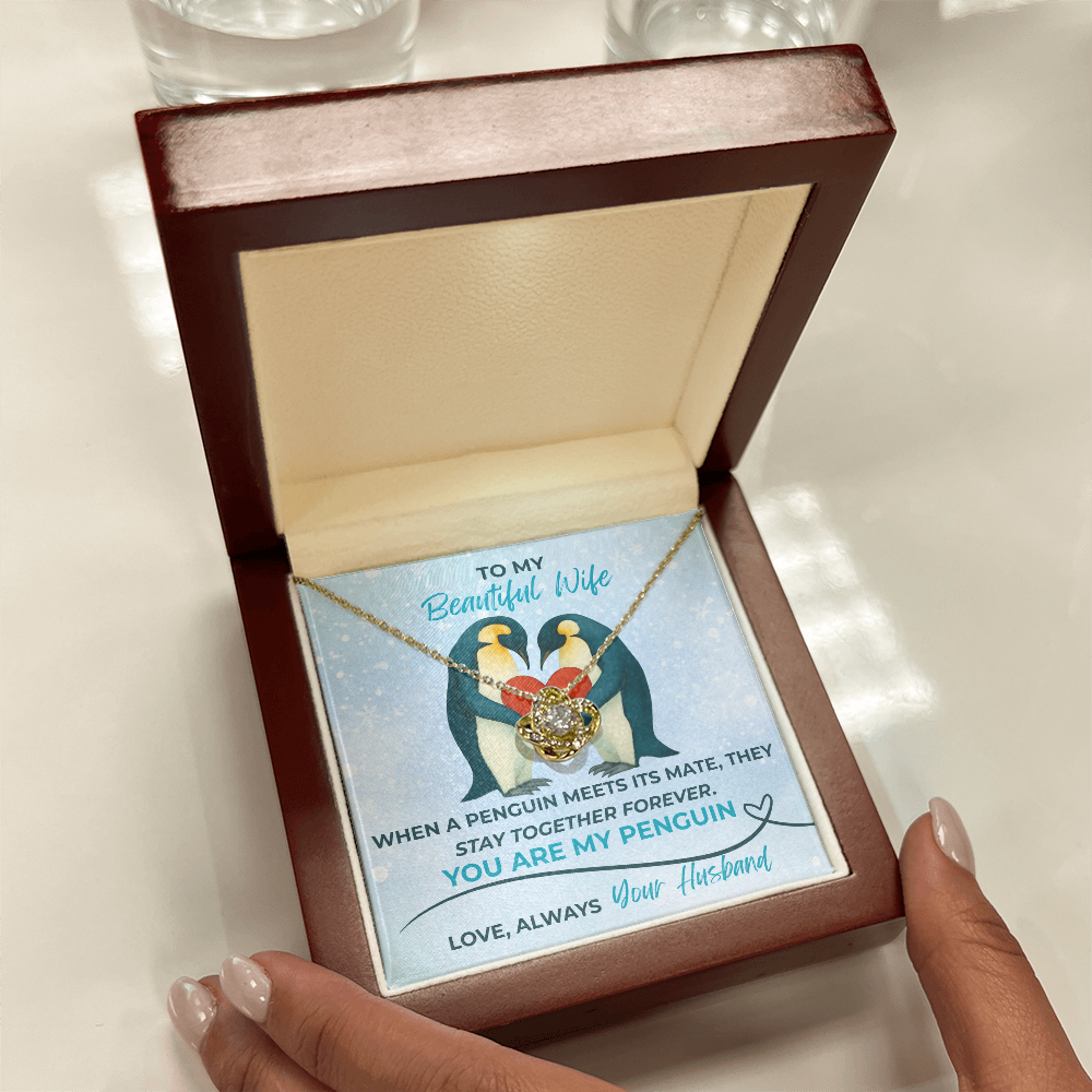 Love Knot Necklace for Wife – “You Are My Penguin” Romantic Jewelry Gift from Husband – Available in Yellow or White Gold finish – Upgraded mahogany box available
