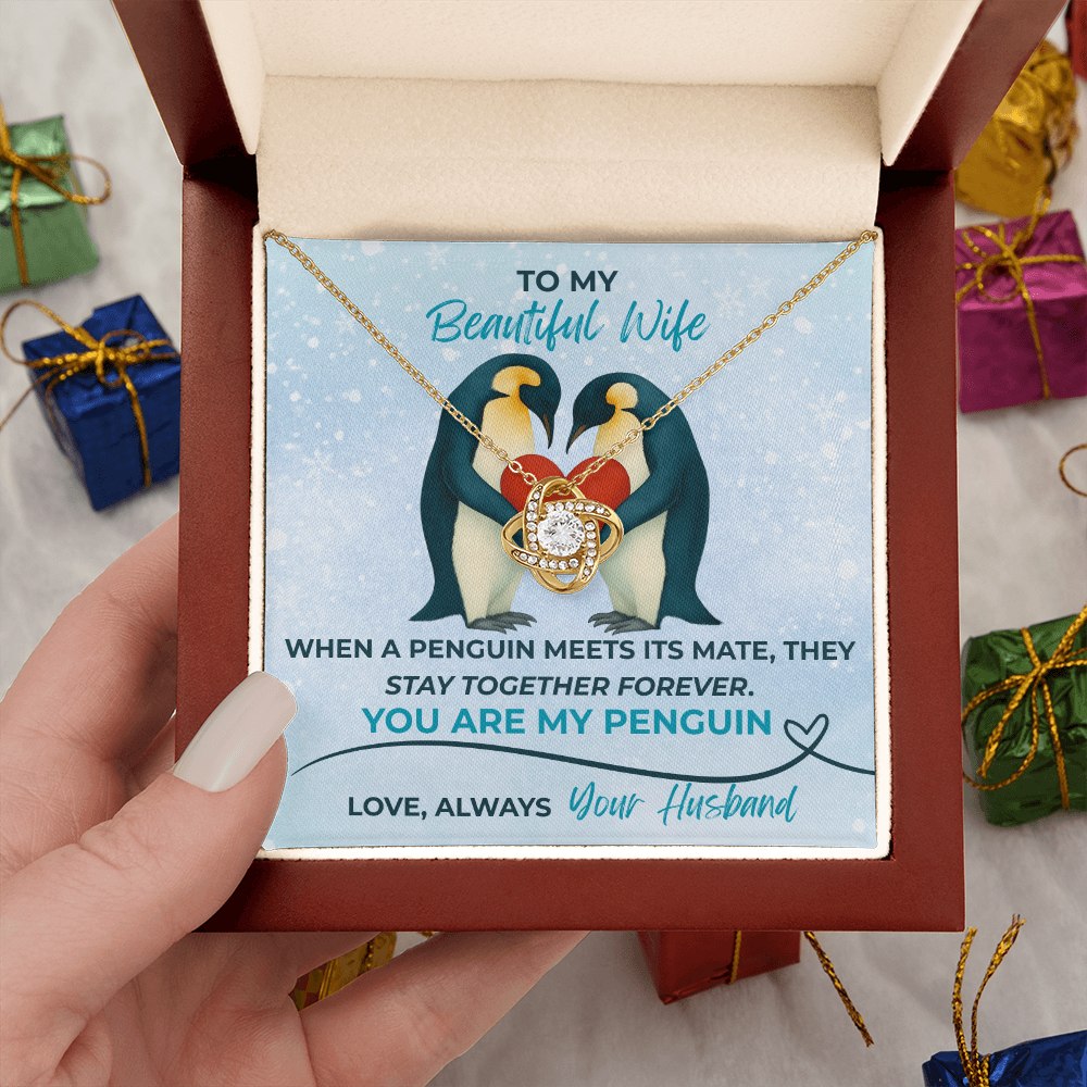 Love Knot Necklace for Wife – “You Are My Penguin” Romantic Jewelry Gift from Husband – Available in Yellow or White Gold finish – Upgraded mahogany box available