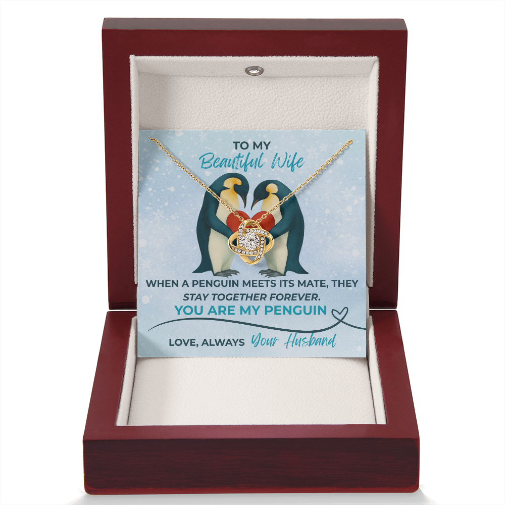 Love Knot Necklace for Wife – “You Are My Penguin” Romantic Jewelry Gift from Husband – Available in Yellow or White Gold finish – Upgraded mahogany box available