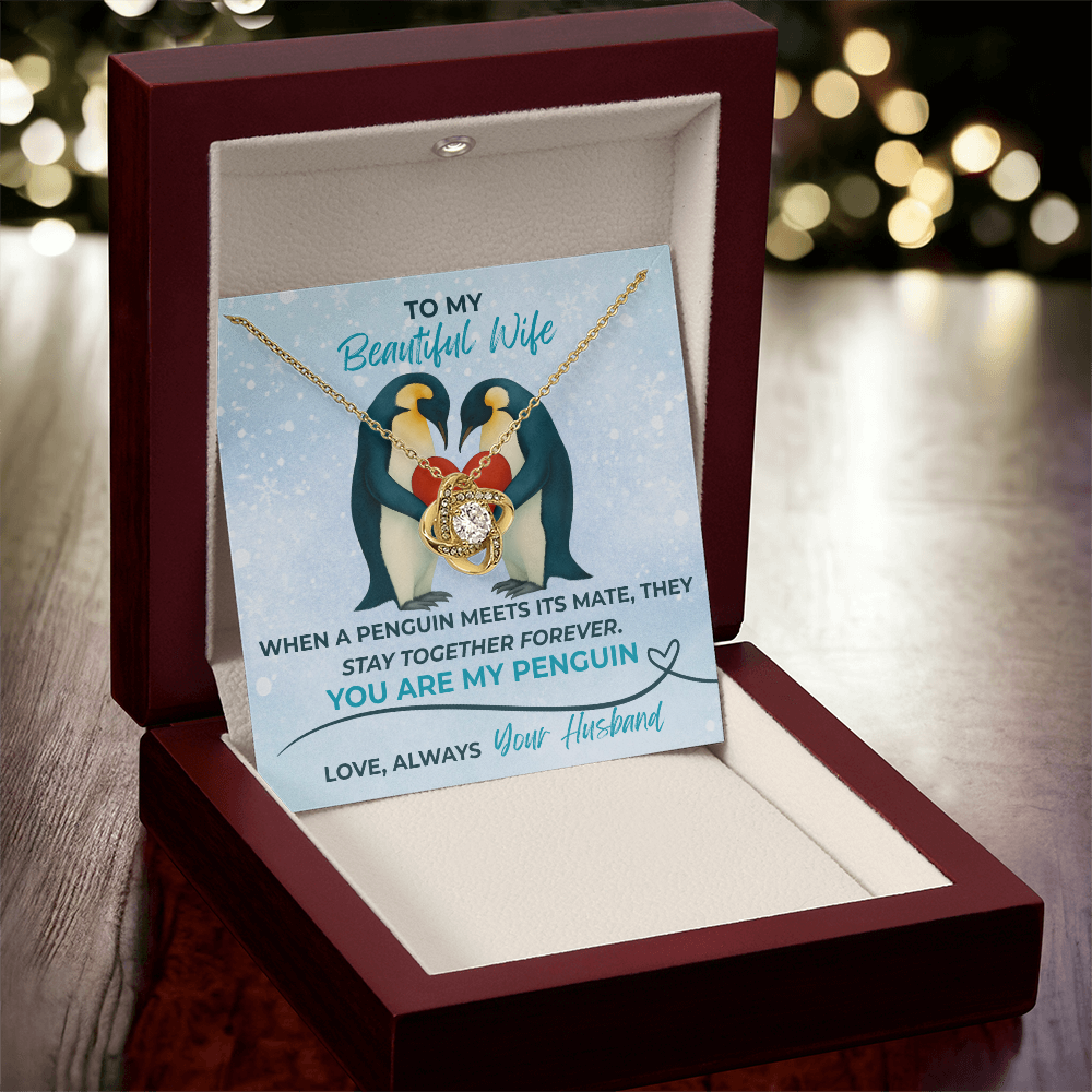 Love Knot Necklace for Wife – “You Are My Penguin” Romantic Jewelry Gift from Husband – Available in Yellow or White Gold finish – Upgraded mahogany box available