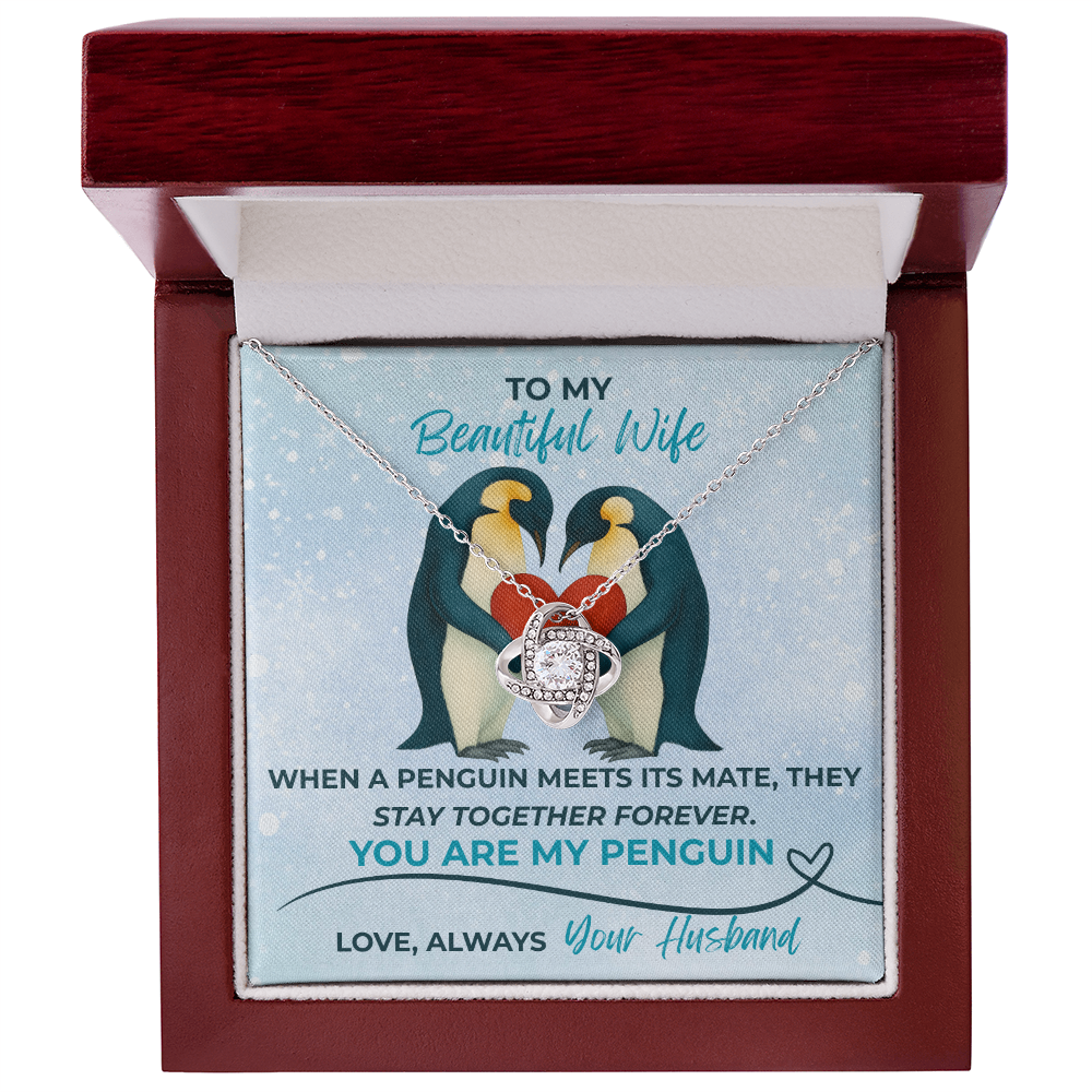 Love Knot Necklace for Wife – “You Are My Penguin” Romantic Jewelry Gift from Husband – Available in Yellow or White Gold finish – Upgraded mahogany box available