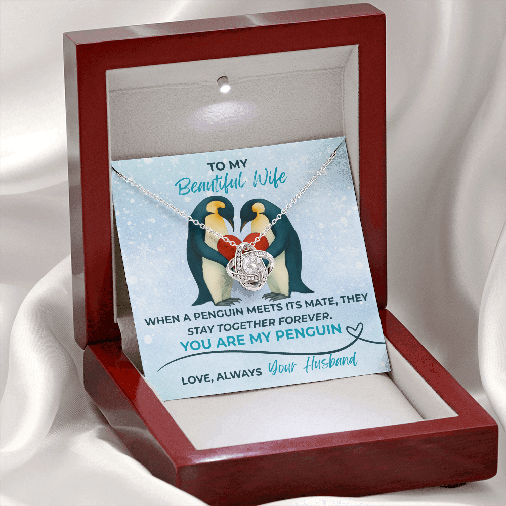 Love Knot Necklace for Wife – “You Are My Penguin” Romantic Jewelry Gift from Husband – Available in Yellow or White Gold finish – Upgraded mahogany box available