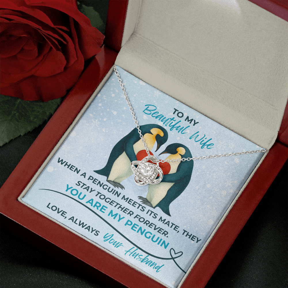 Love Knot Necklace for Wife – “You Are My Penguin” Romantic Jewelry Gift from Husband – Available in Yellow or White Gold finish – Upgraded mahogany box available