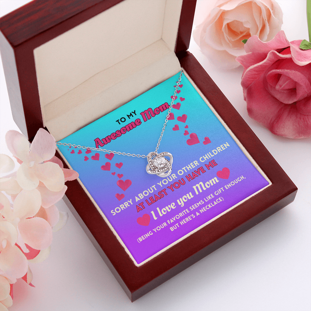 Funny Mom Necklace Gift – Love Knot Pendant with “Favorite Child” Message Card