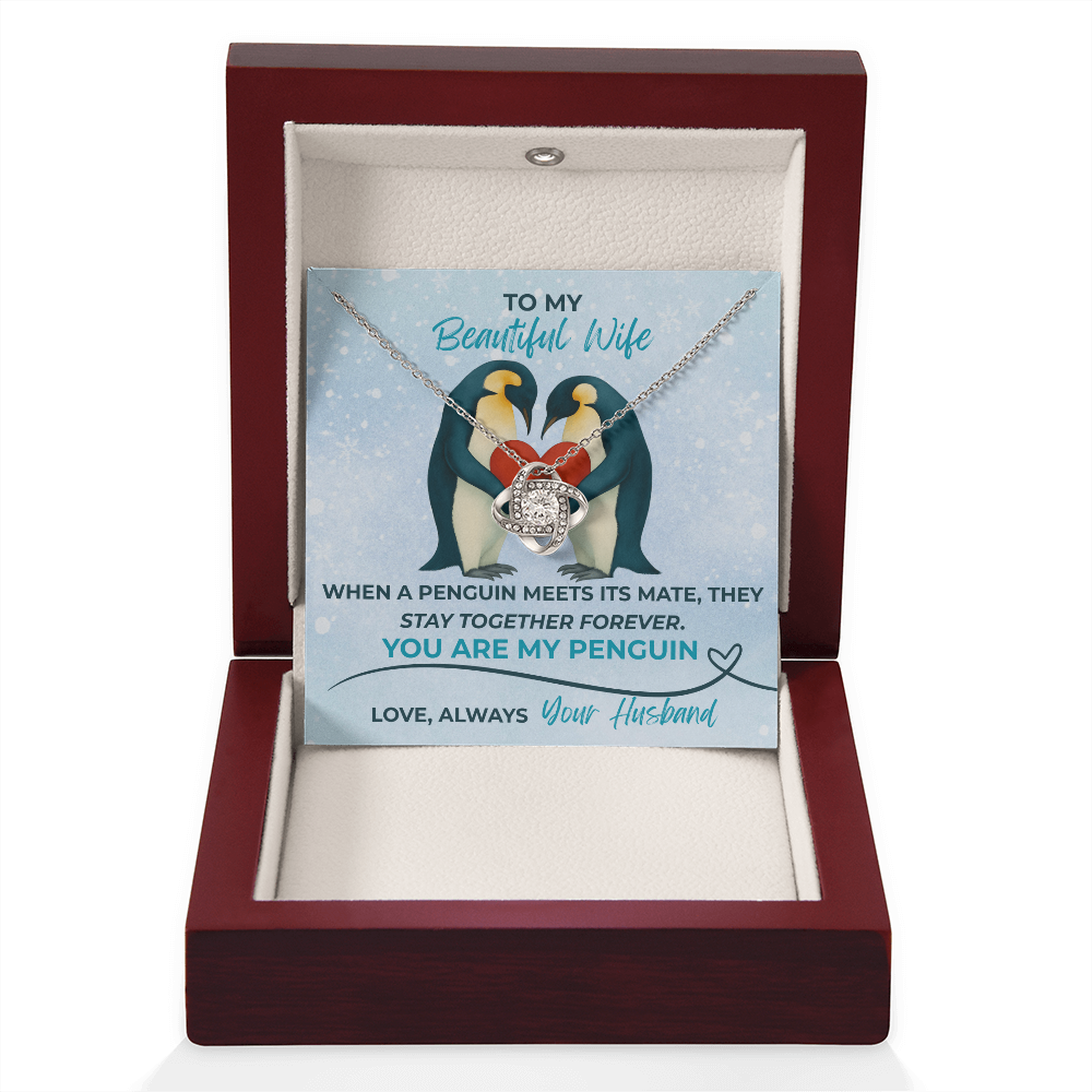 Love Knot Necklace for Wife – “You Are My Penguin” Romantic Jewelry Gift from Husband – Available in Yellow or White Gold finish – Upgraded mahogany box available