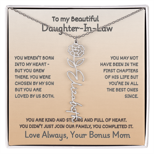 To Your Daughter-In-Law: Birth Flower Name Necklace with a Heartfelt Message