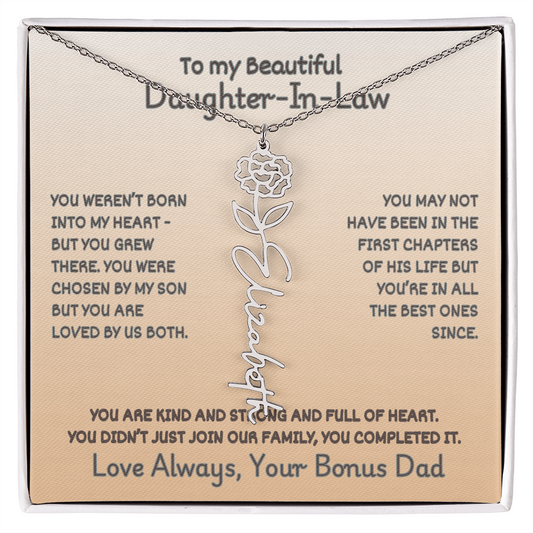Daughter-In-Law Custom Birth Flower Name Necklace from Bonus Dad