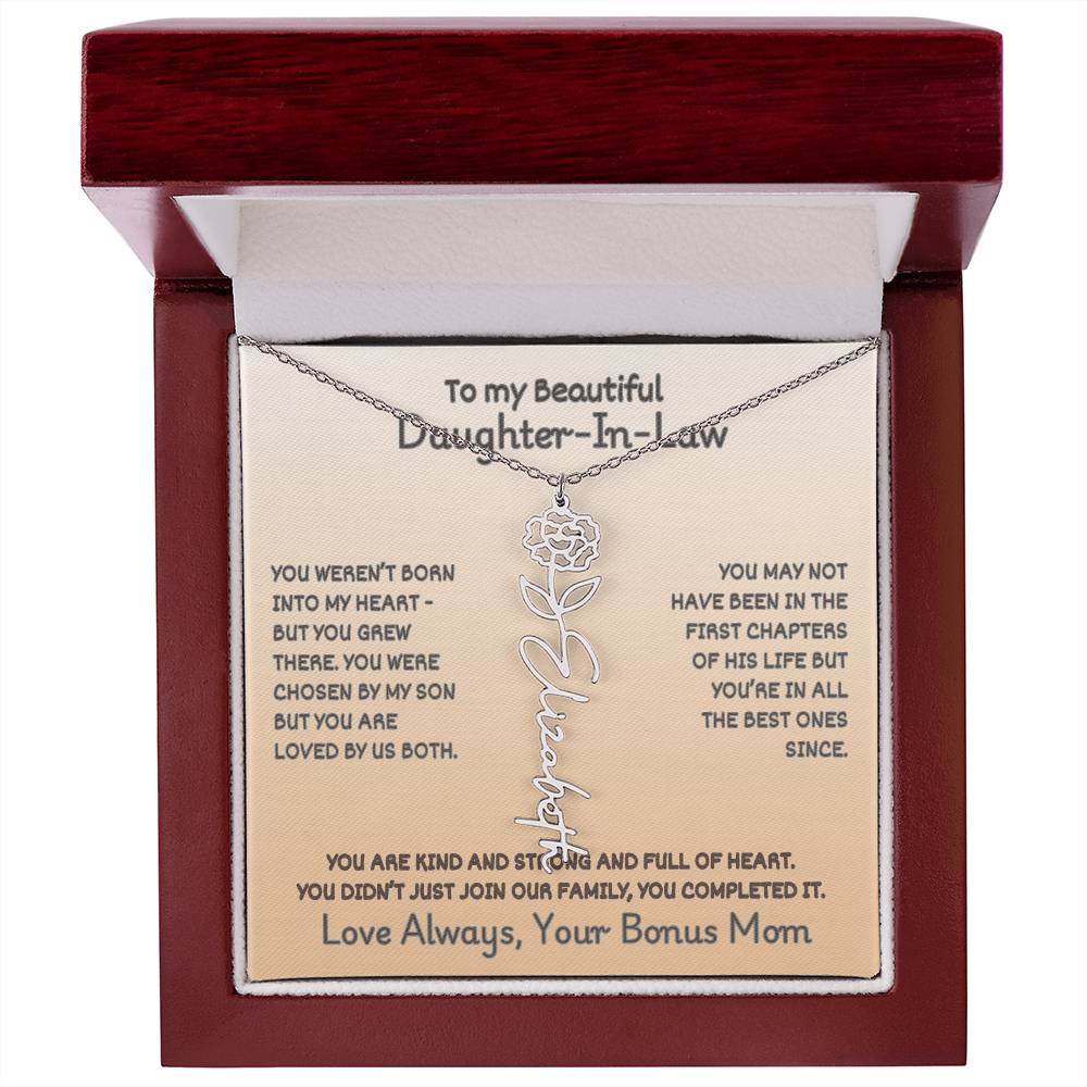 To Your Daughter-In-Law: Birth Flower Name Necklace with a Heartfelt Message