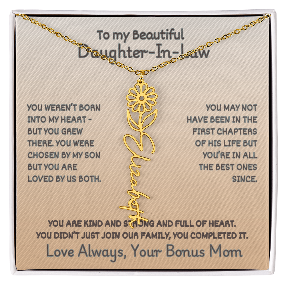To Your Daughter-In-Law: Birth Flower Name Necklace with a Heartfelt Message