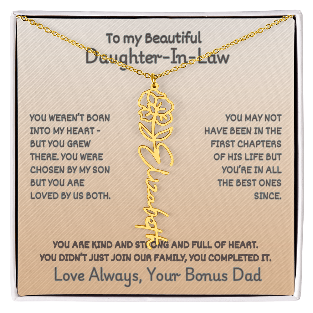 Daughter-In-Law Custom Birth Flower Name Necklace from Bonus Dad